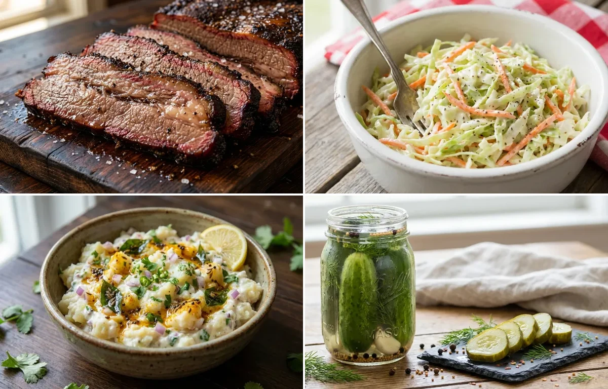 Smoked Beef Brisket with Coleslaw, Potato Salad and Dill Pickles