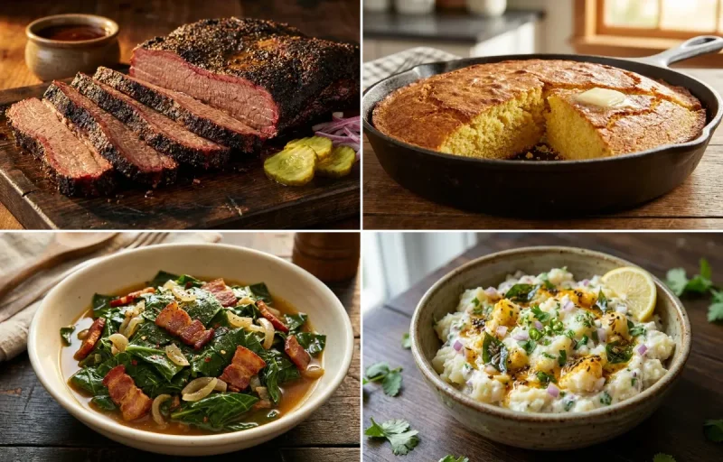 Smoked Brisket with Cornbread, Collard Greens and Potato Salad