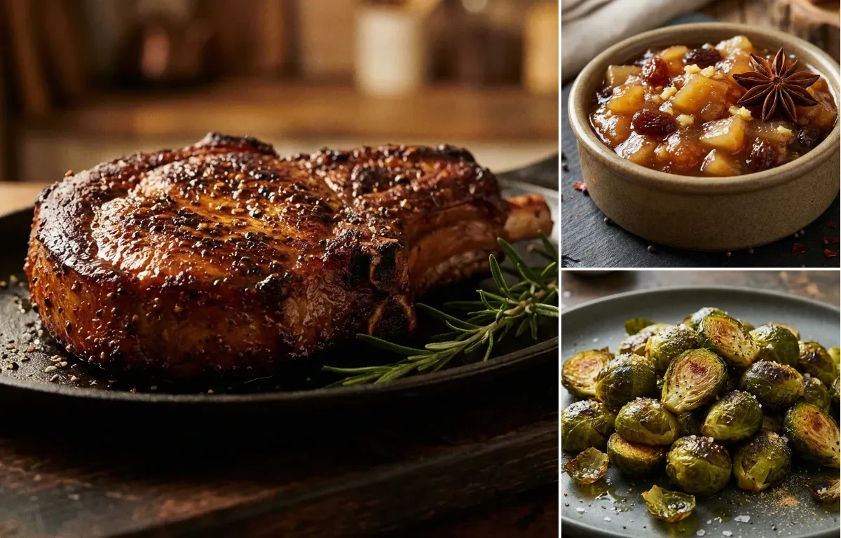 Smoked Pork Chops with Apple-Pear Chutney and Roasted Brussels Sprouts