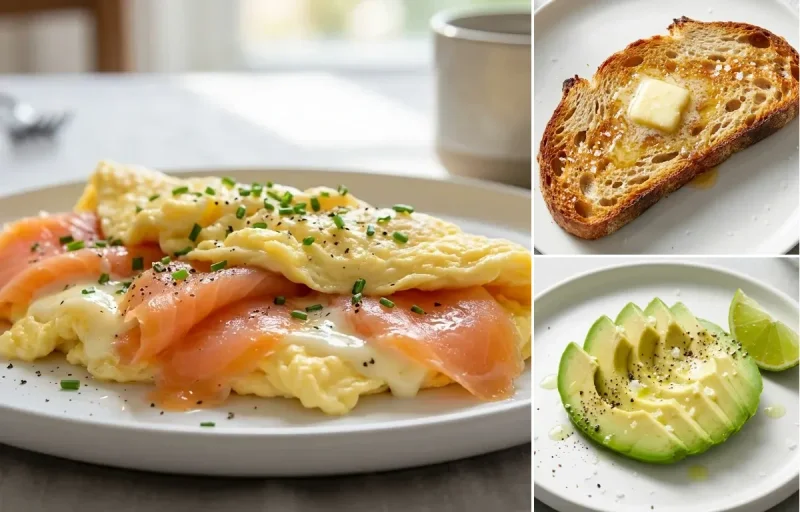 Smoked Salmon Scramble with Sourdough Toast and Avocado Slices