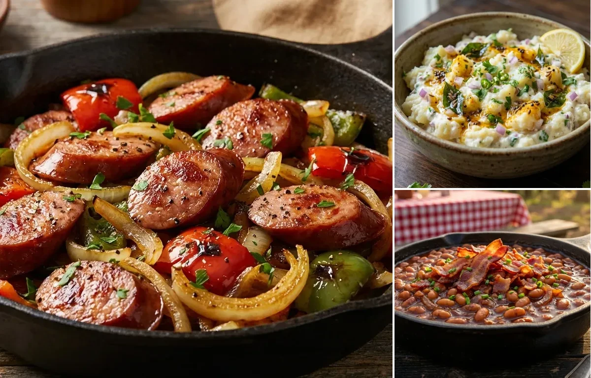 Smoked Sausage with Potato Salad and Baked Beans