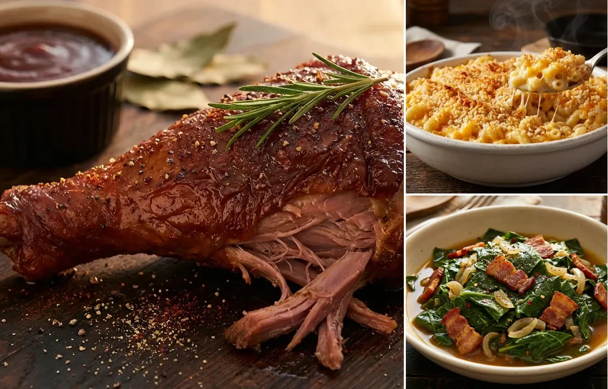 Smoked Turkey Legs with Baked Macaroni and Cheese and Collard Greens