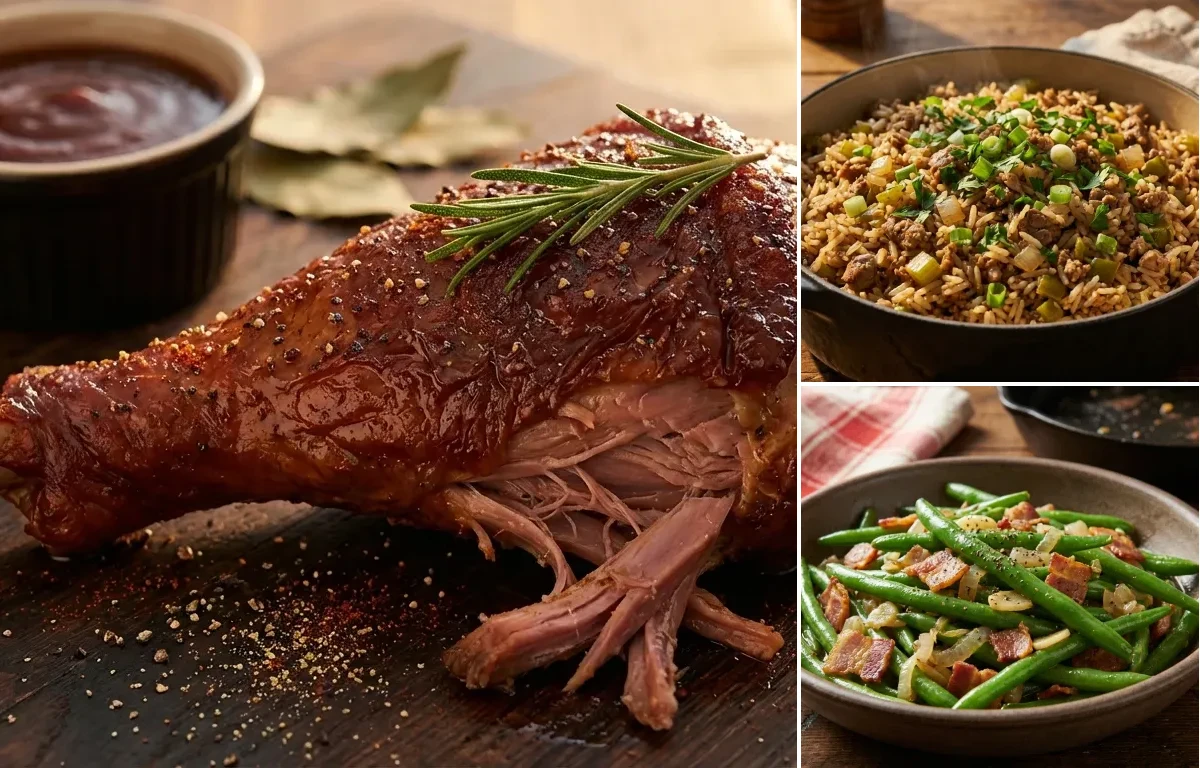 Smoked Turkey Legs with Dirty Rice and Sauteed Green Beans with Bacon