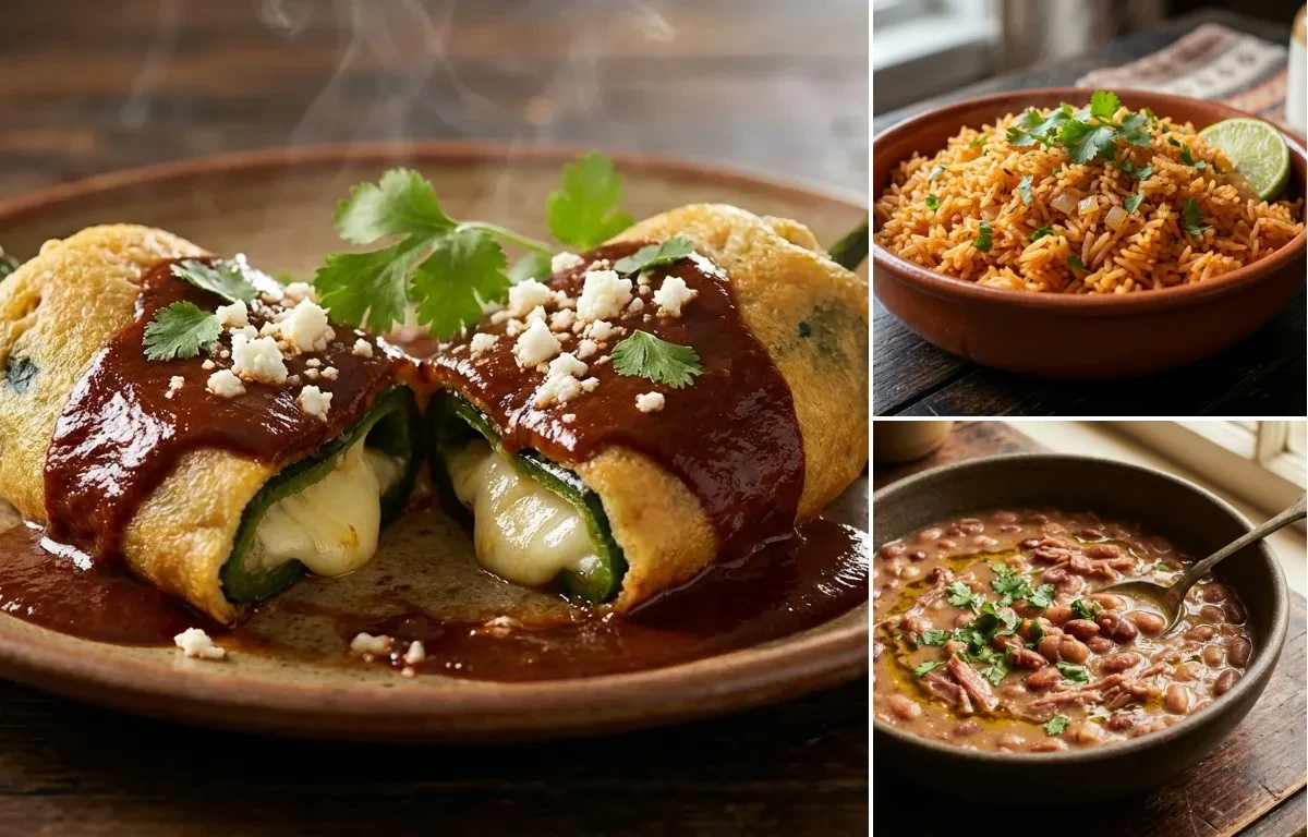 Smothered Chile Rellenos with Spanish Rice and Pinto Beans