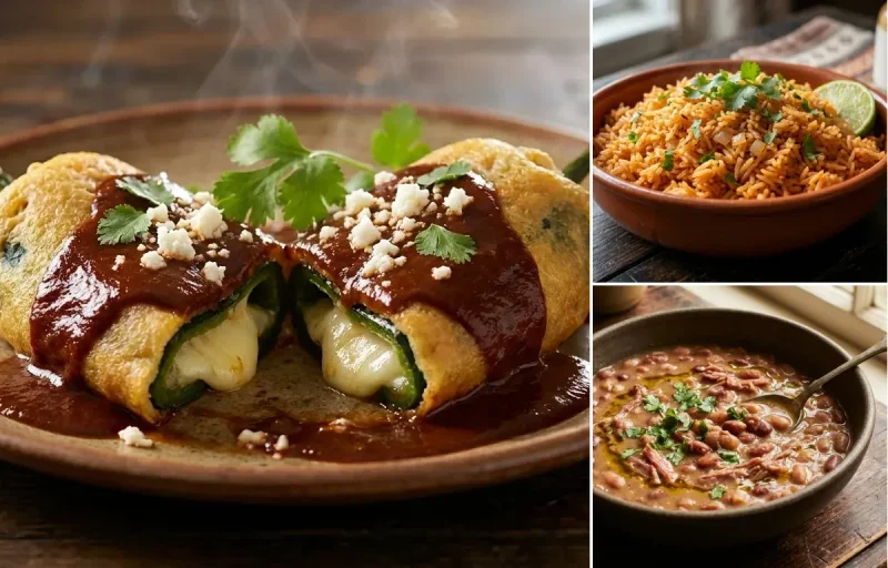 Smothered Chile Rellenos with Spanish Rice and Pinto Beans