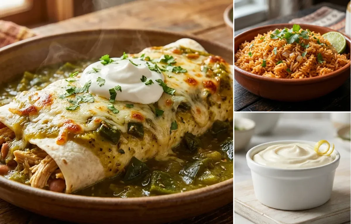 Smothered Green Chile Burrito with Spanish Rice and Sour Cream