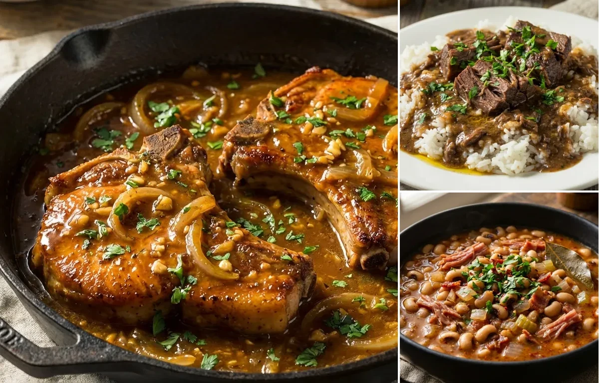 Smothered Pork Chops with Beef Rice and Gravy and Black-Eyed Peas