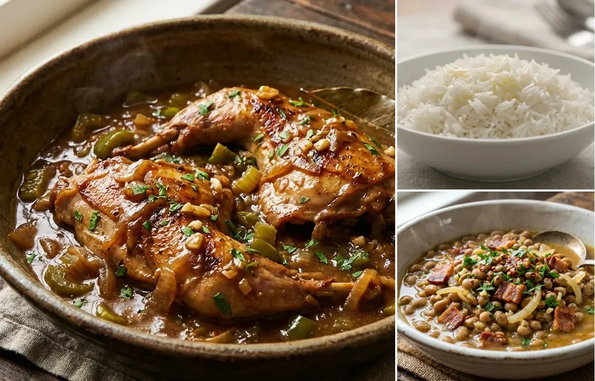 Smothered Rabbit with Steamed Basmati Rice and Field Peas