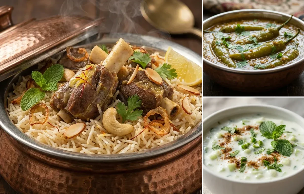 Sofiyani Mutton Biryani with Mirchi ka Salan and Cucumber Raita