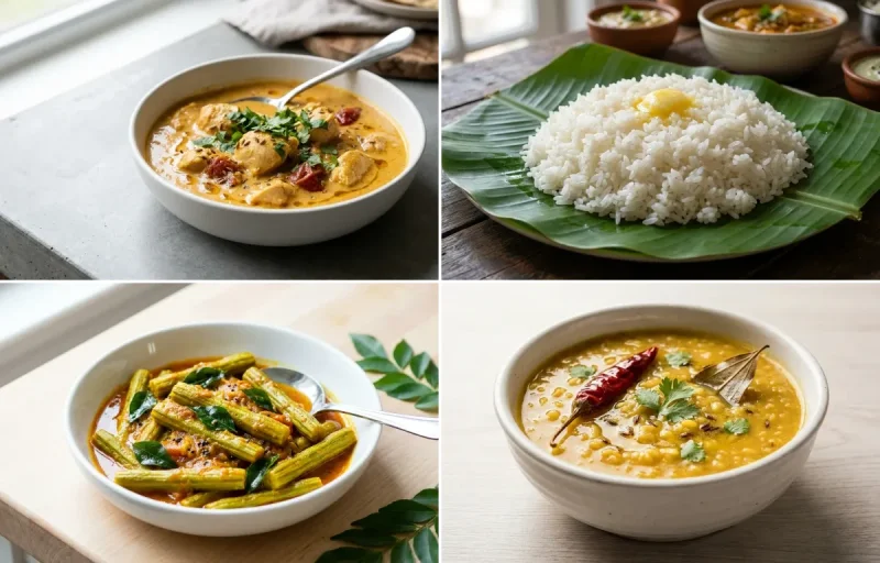 Soft Chicken Curry with Soft Steamed White Rice with Drumstick Sabzi with Moong Dal