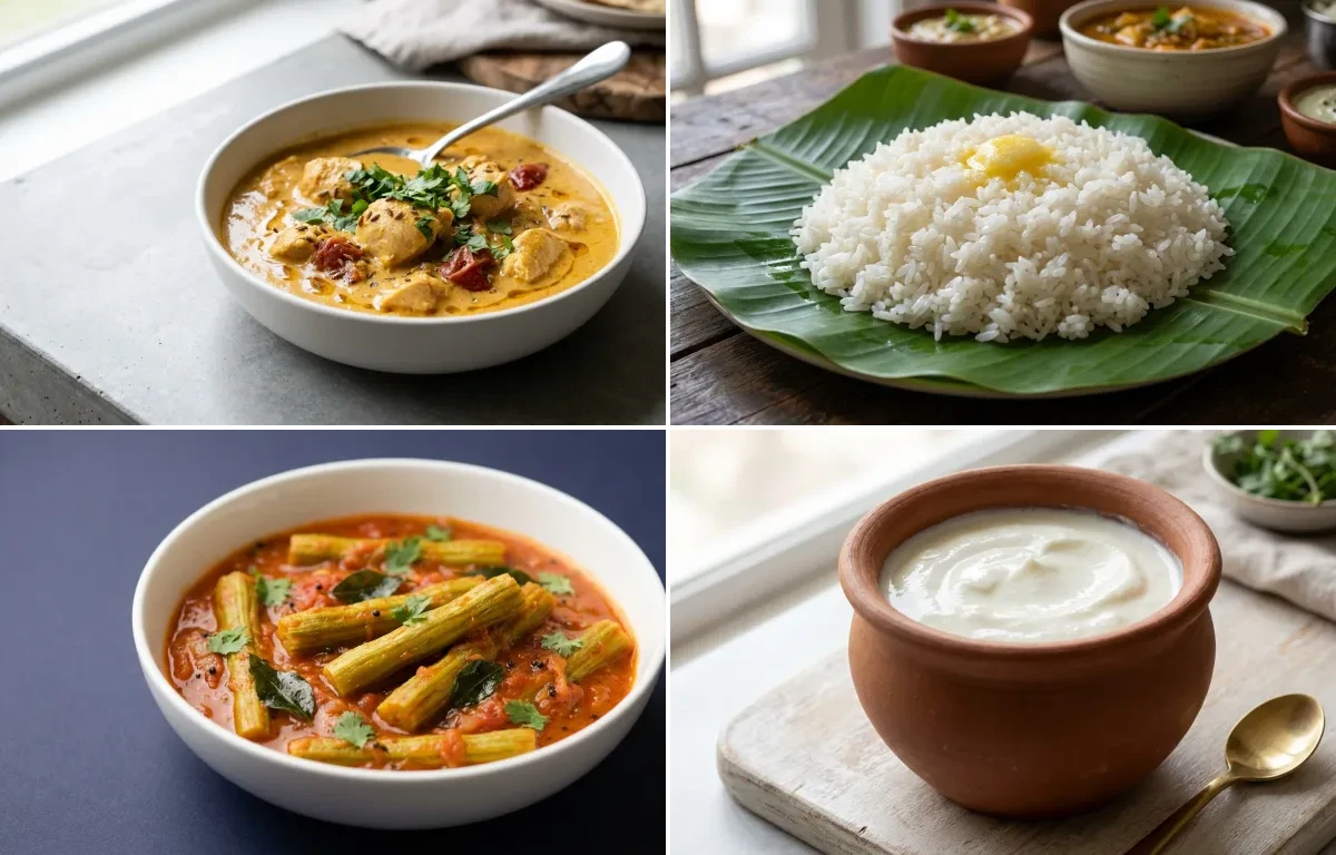 Soft Chicken Curry with Soft Steamed White Rice with Soft Drumstick Sabzi with Curd