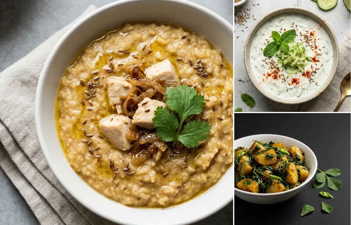 Soft Chicken Khichdi with Cucumber Mint Raita with Methi Aloo