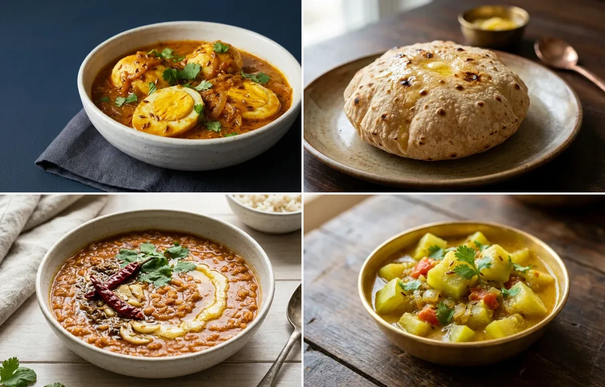 Soft Egg Curry with Phulka with Masoor Dal with Lauki Sabzi