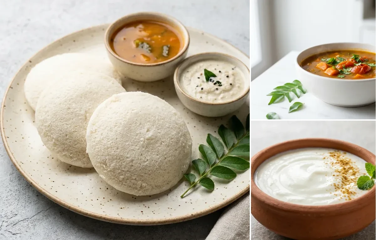 Soft Idli with Mild Sambhar with Dahi