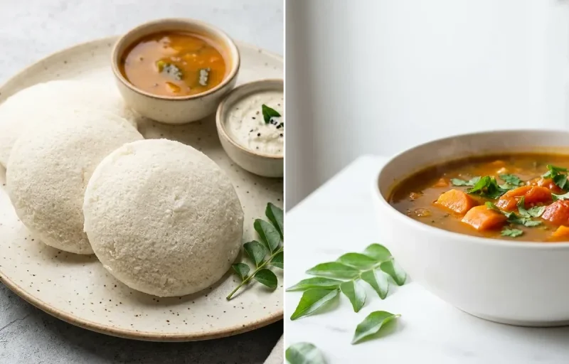 Soft Idli with Mild Sambhar with Mashed Banana