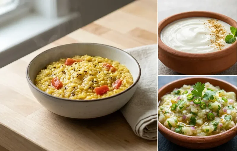 Soft Khichdi with Dahi with Papaya Pitika