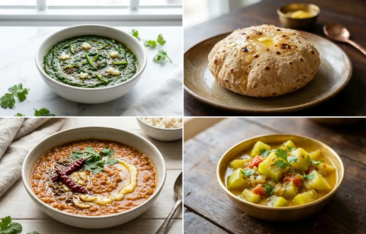 Soft Palak with Phulka with Masoor Dal with Lauki Sabzi