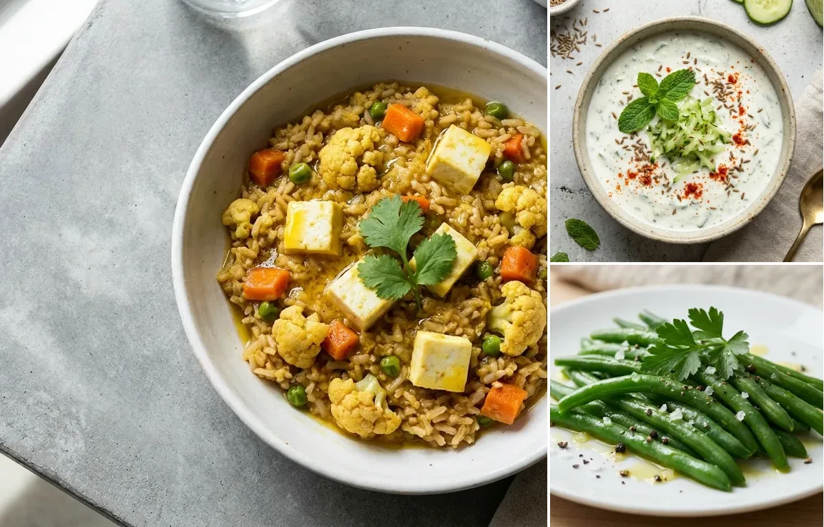 Soft Paneer Khichdi with Cucumber Mint Raita with Steamed Green Beans