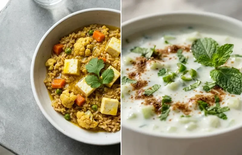 Soft Paneer Khichdi with Cucumber Raita