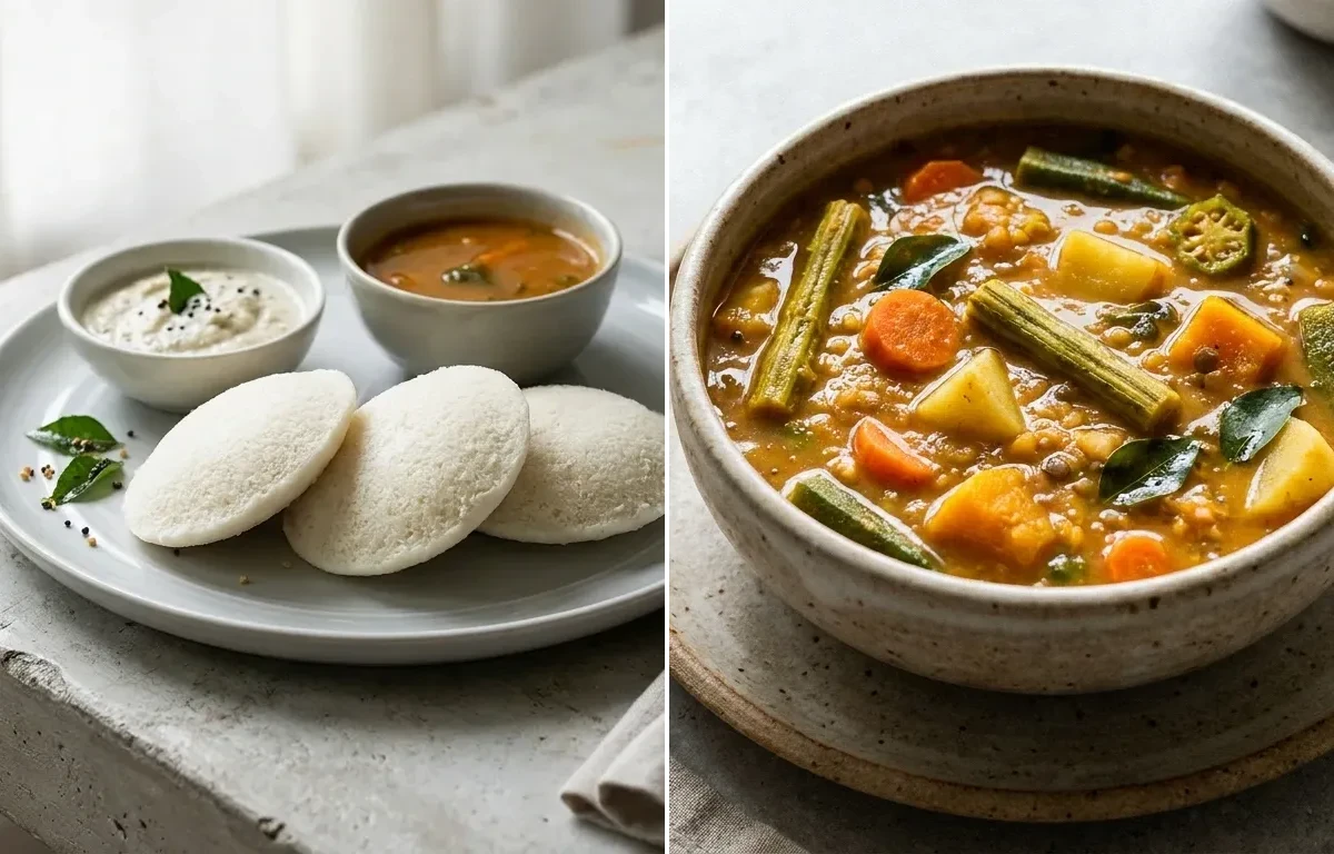 Soft Steamed Idli with Mixed Vegetable Sambar