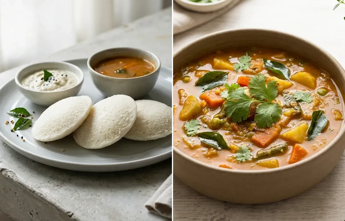 Soft Steamed Idli with Vegetable Sambar