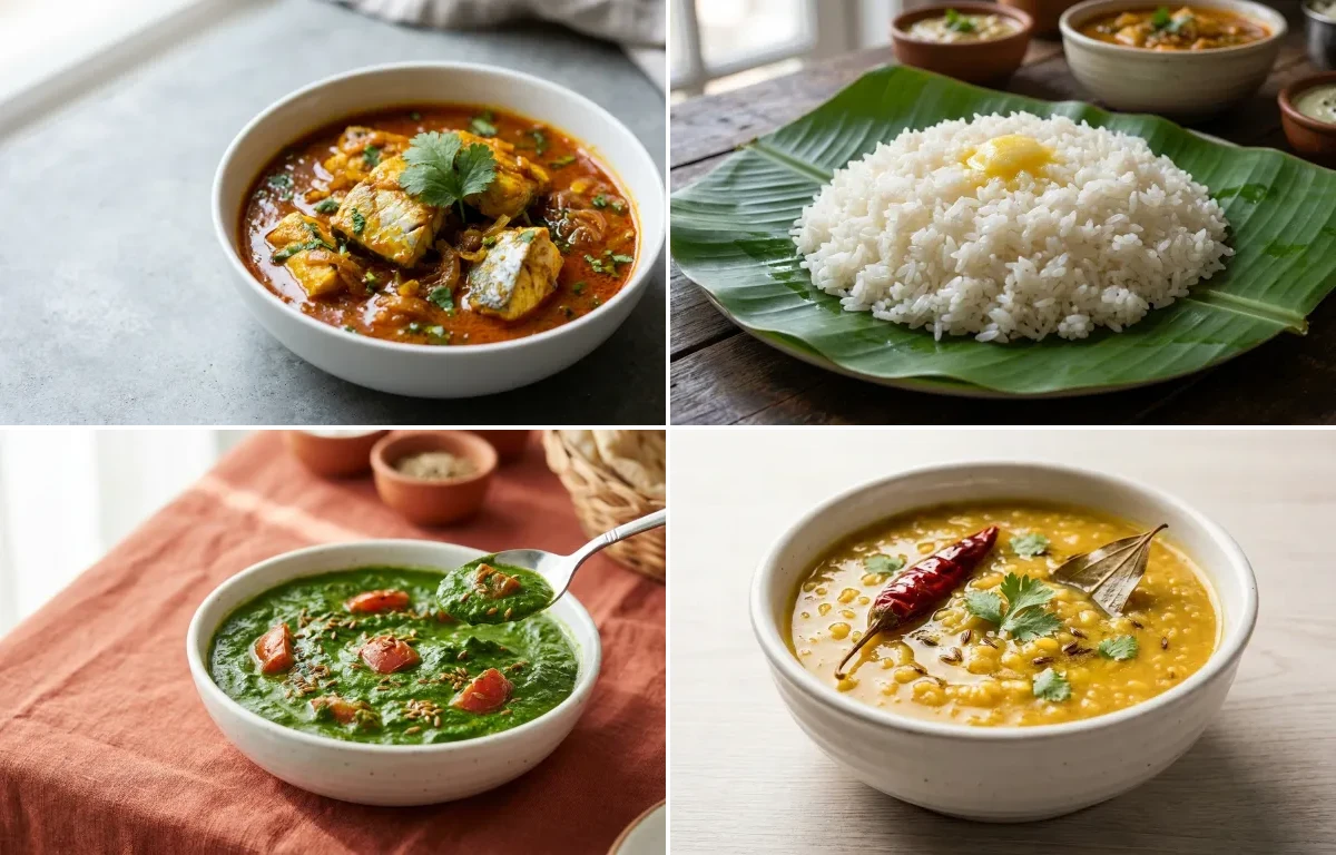 Surmai Fish Curry with Soft Steamed White Rice with Palak Sabzi with Moong Dal
