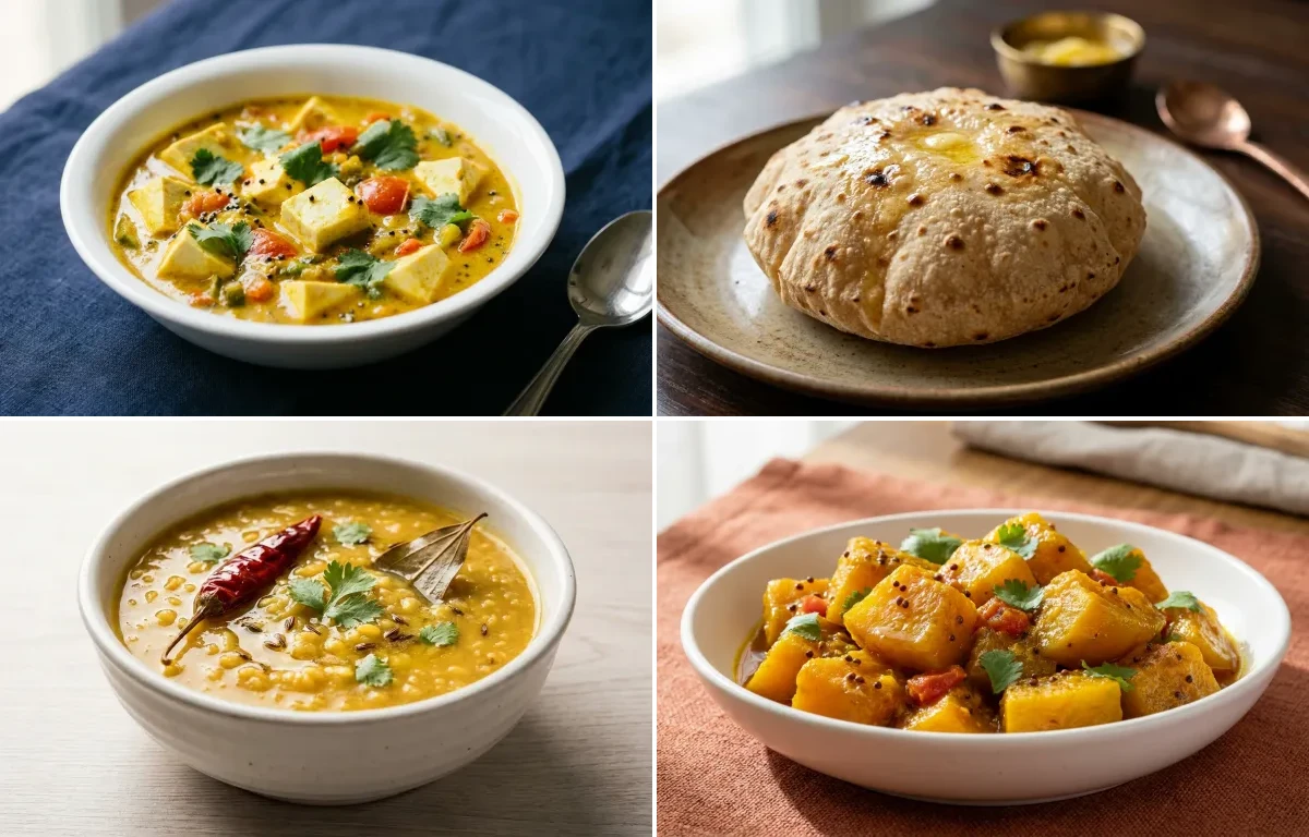 Soft Tofu Vegetable Curry with Phulka with Moong Dal with Soft Pumpkin Sabzi