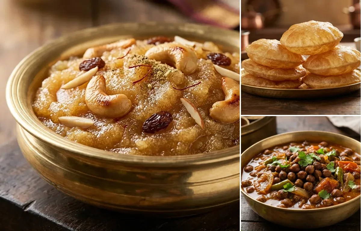 Sooji Halwa with Puri and Kala Chana Curry