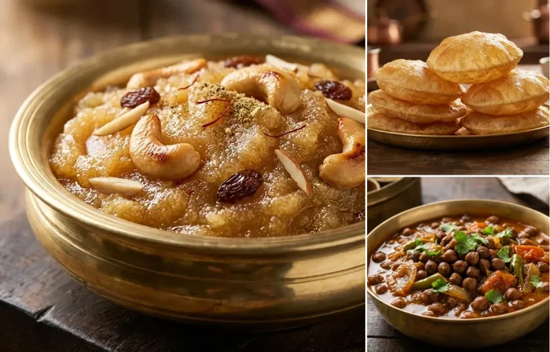 Sooji Halwa with Puri and Kala Chana Curry