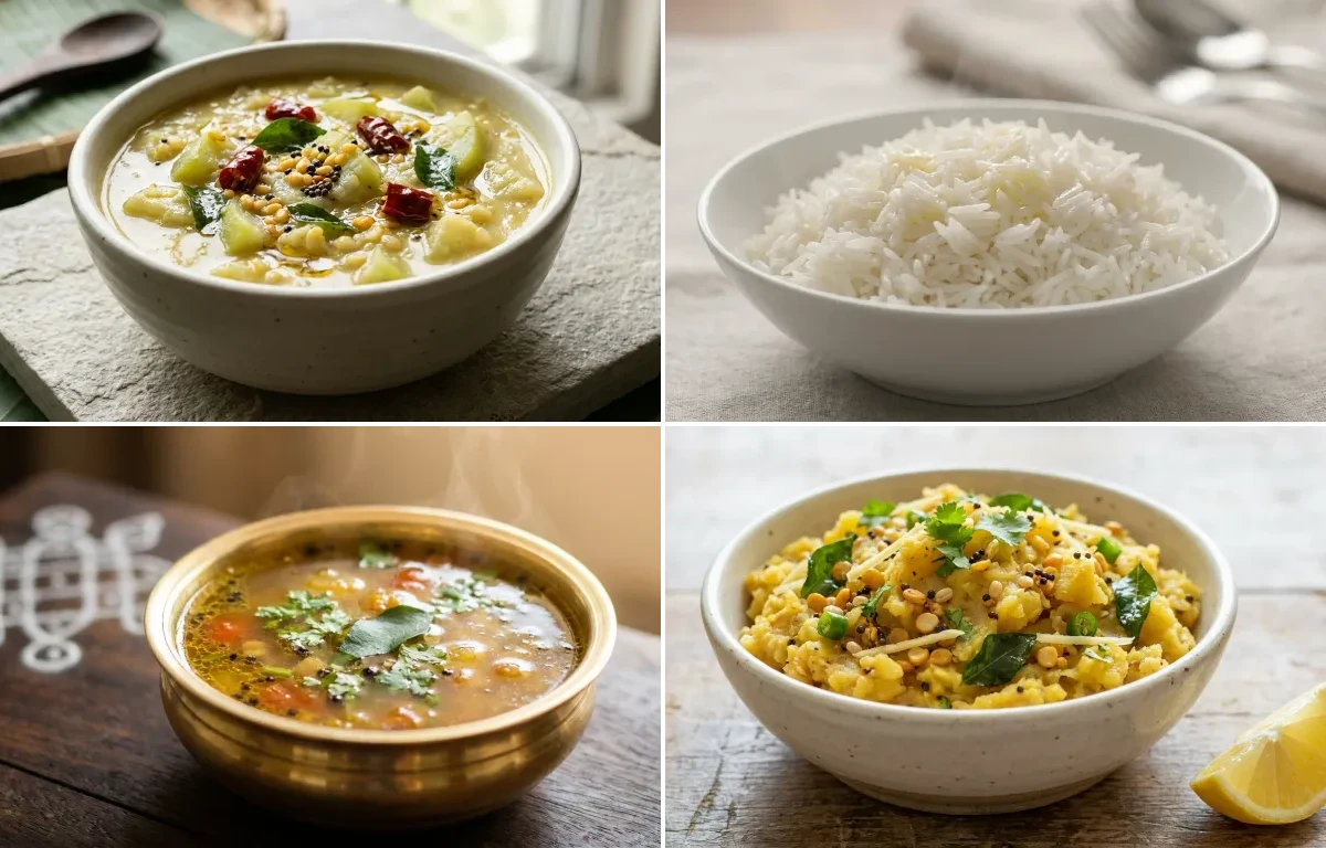 Sorakkai Kootu with Steamed Basmati Rice, Milagu Rasam and Potato Podimas