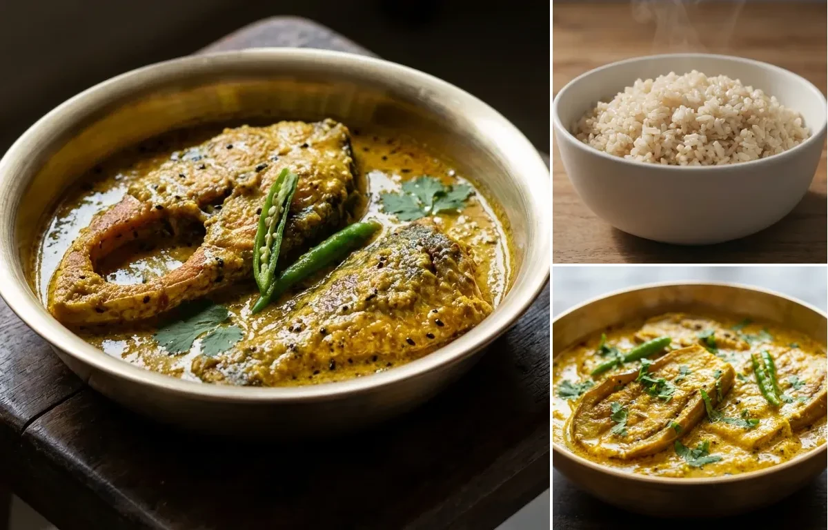 Sorshe Maach with Steamed White Rice with Begun Basanti