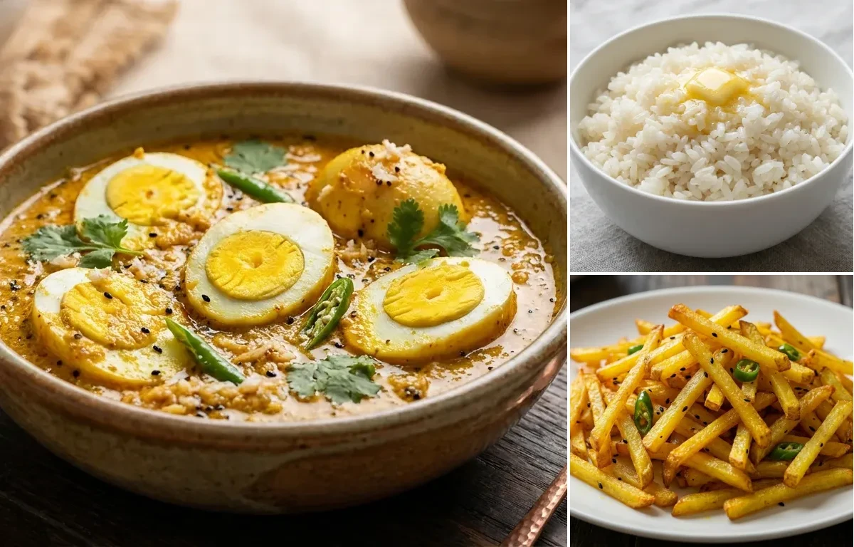 Sorshe Narkel Dim with Shada Bhaat and Aloo Bhaja