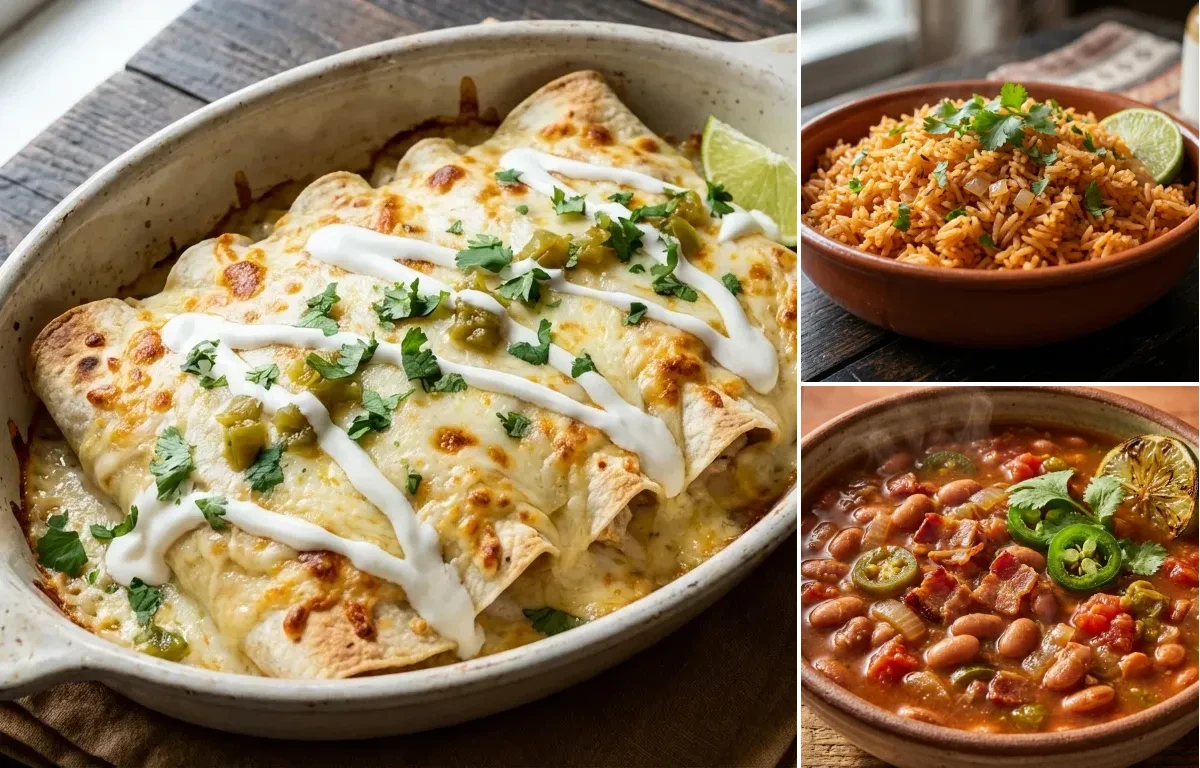 Sour Cream Chicken Enchiladas with Spanish Rice and Charro Beans