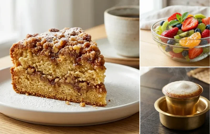 Sour Cream Coffee Cake with Fruit Salad and Filter Coffee