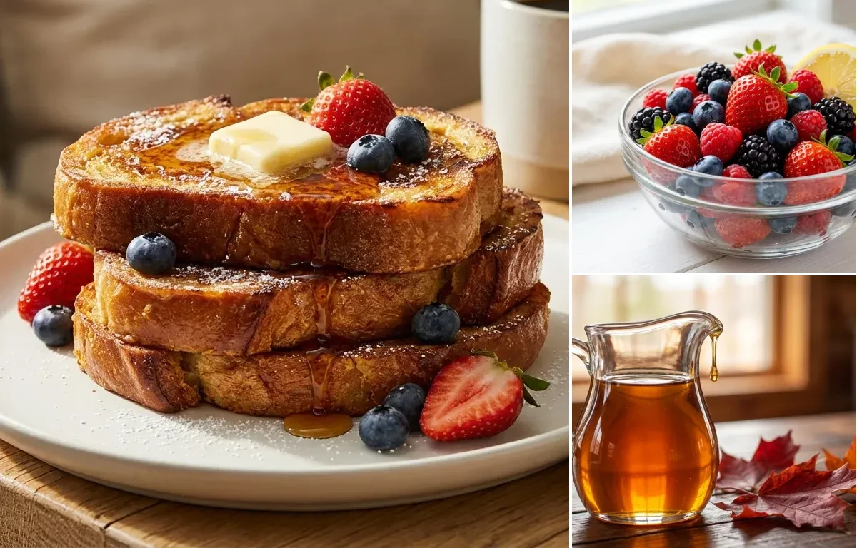 Sourdough French Toast with Mixed Fresh Berries and Maple Syrup