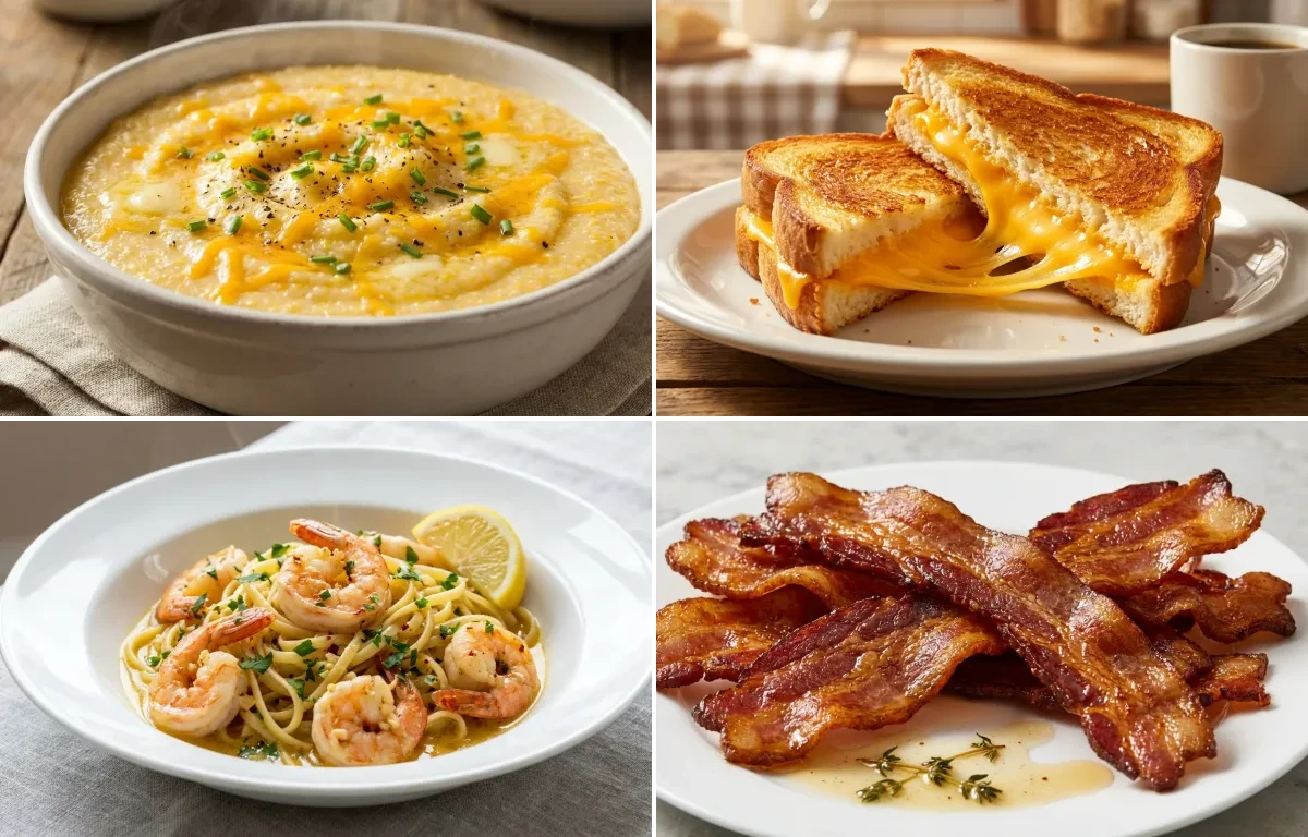Southern Grits with Grilled Cheese, Shrimp Scampi and Pan-Fried Bacon