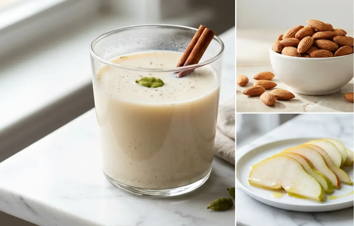 Soy Milk with Cardamom with Handful of Almonds with Fresh Pear