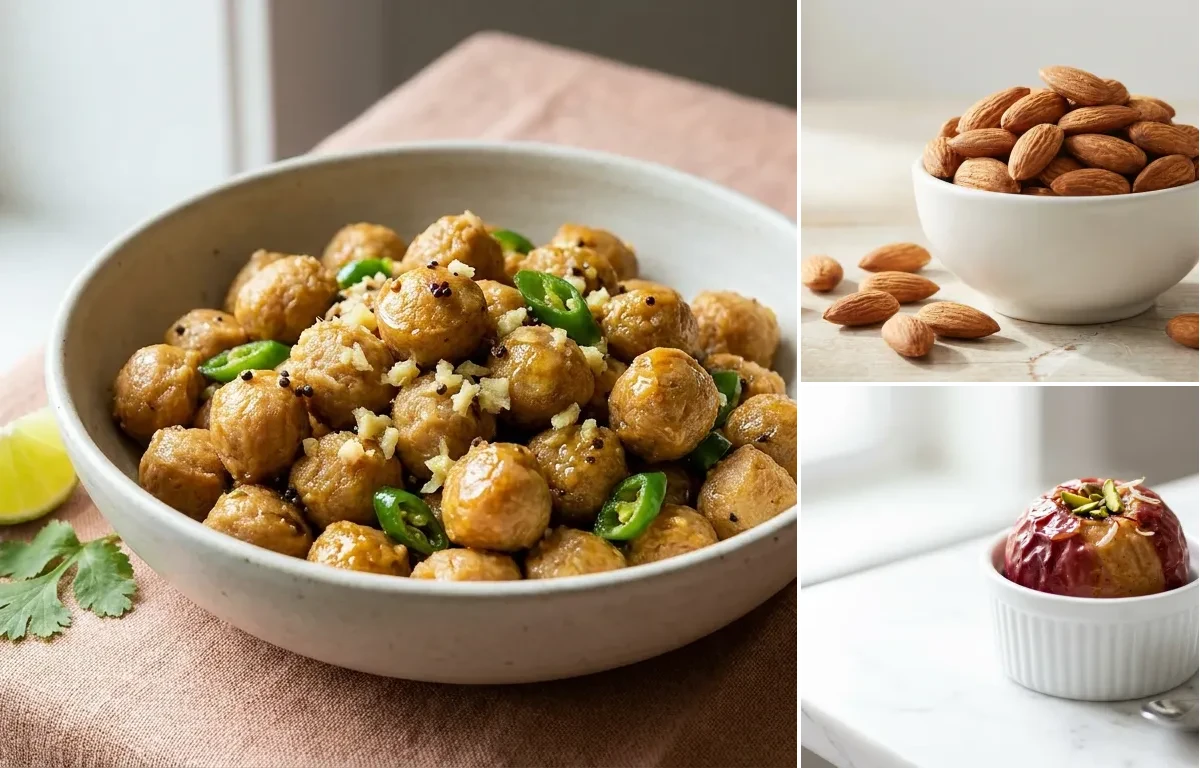 Soya Chunk Sundal with Handful of Almonds with Apple