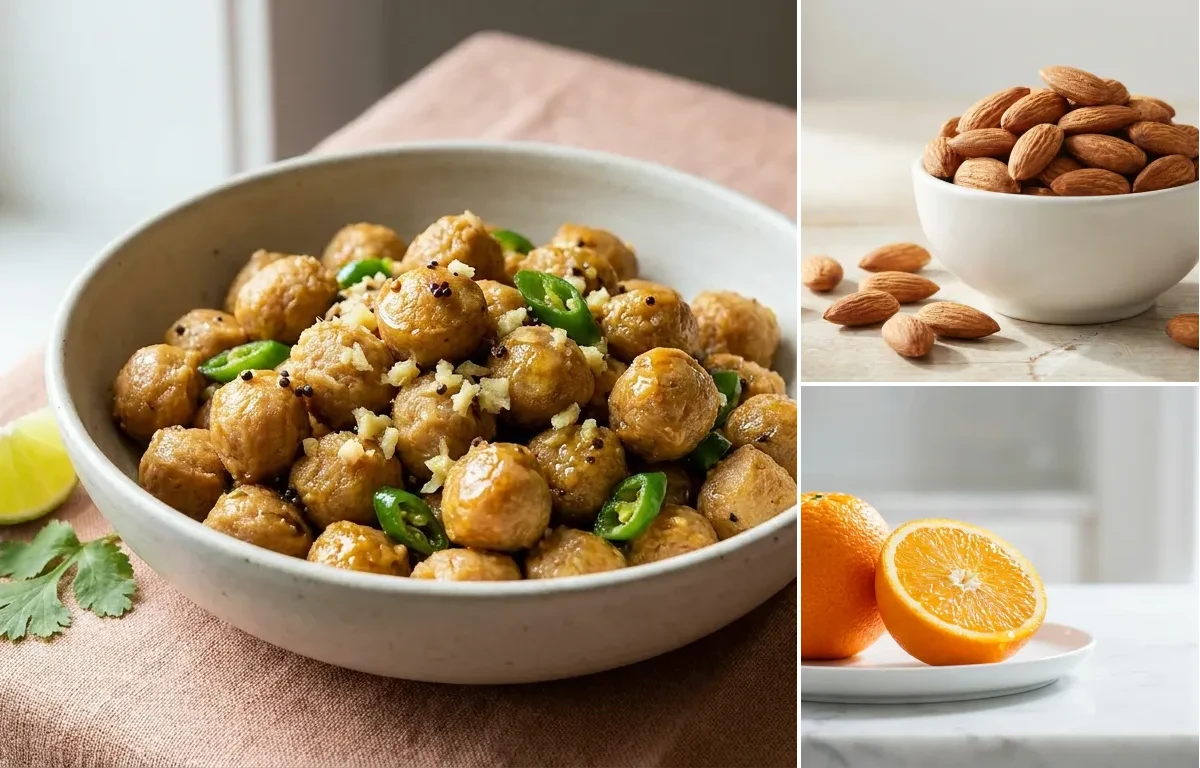 Soya Chunk Sundal with Handful of Almonds with Orange
