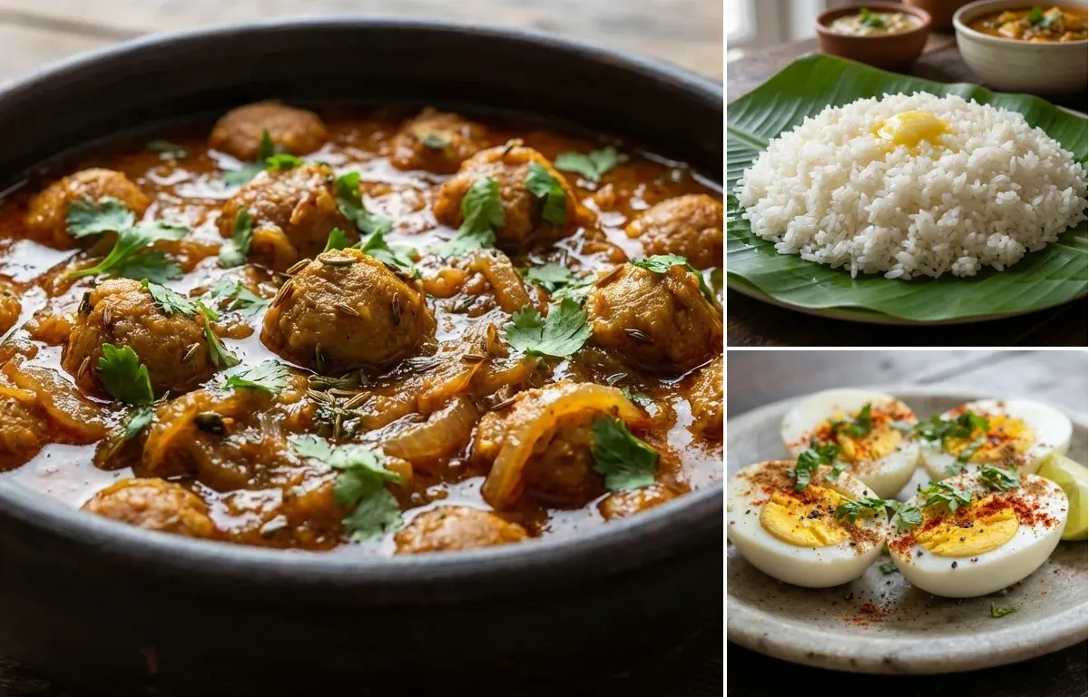 Soya Chunks Curry with Steamed White Rice with Boiled Eggs with Green Salad