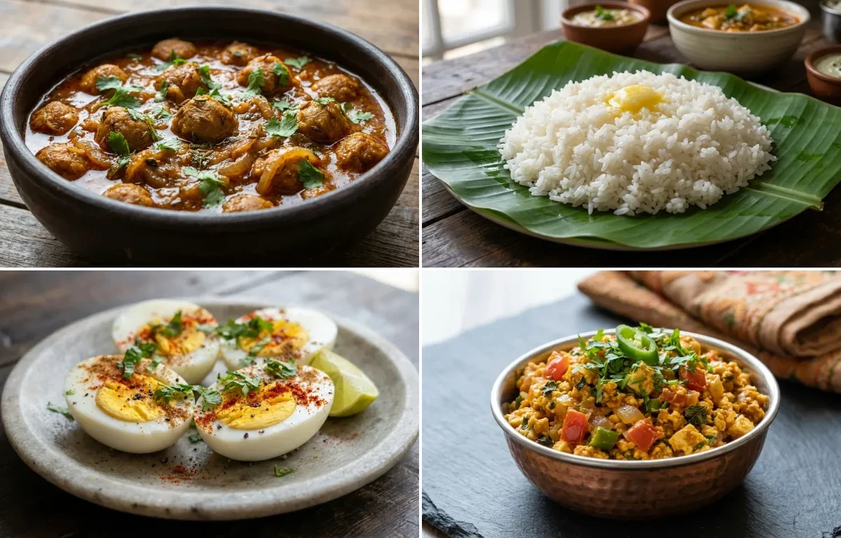 Soya Chunks Curry with Steamed White Rice with Boiled Eggs with Paneer Bhurji with Green Salad