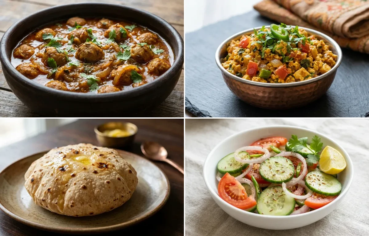 Soya Chunks Curry with Paneer Bhurji with Phulka with Steamed White Rice with Green Salad