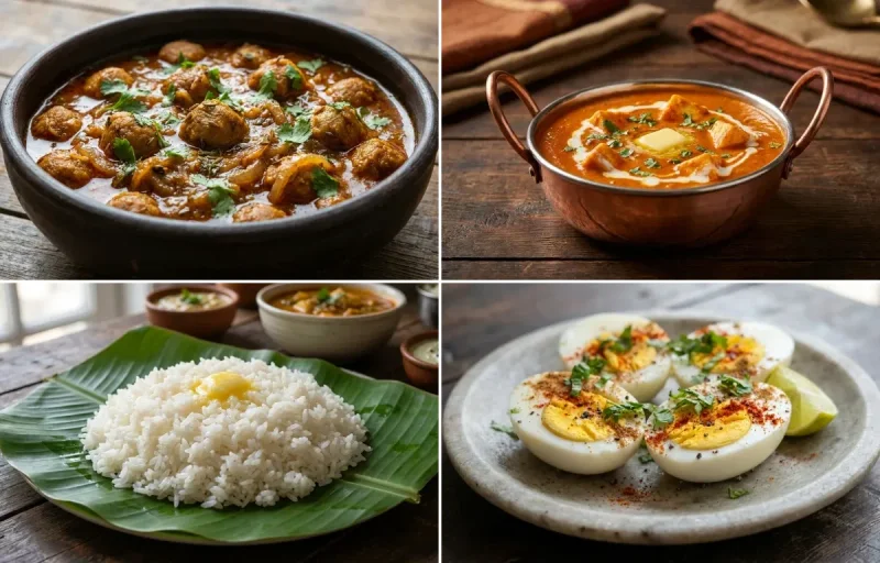 Soya Chunks Curry with Paneer Butter Masala with Steamed White Rice with Boiled Eggs with Green Salad