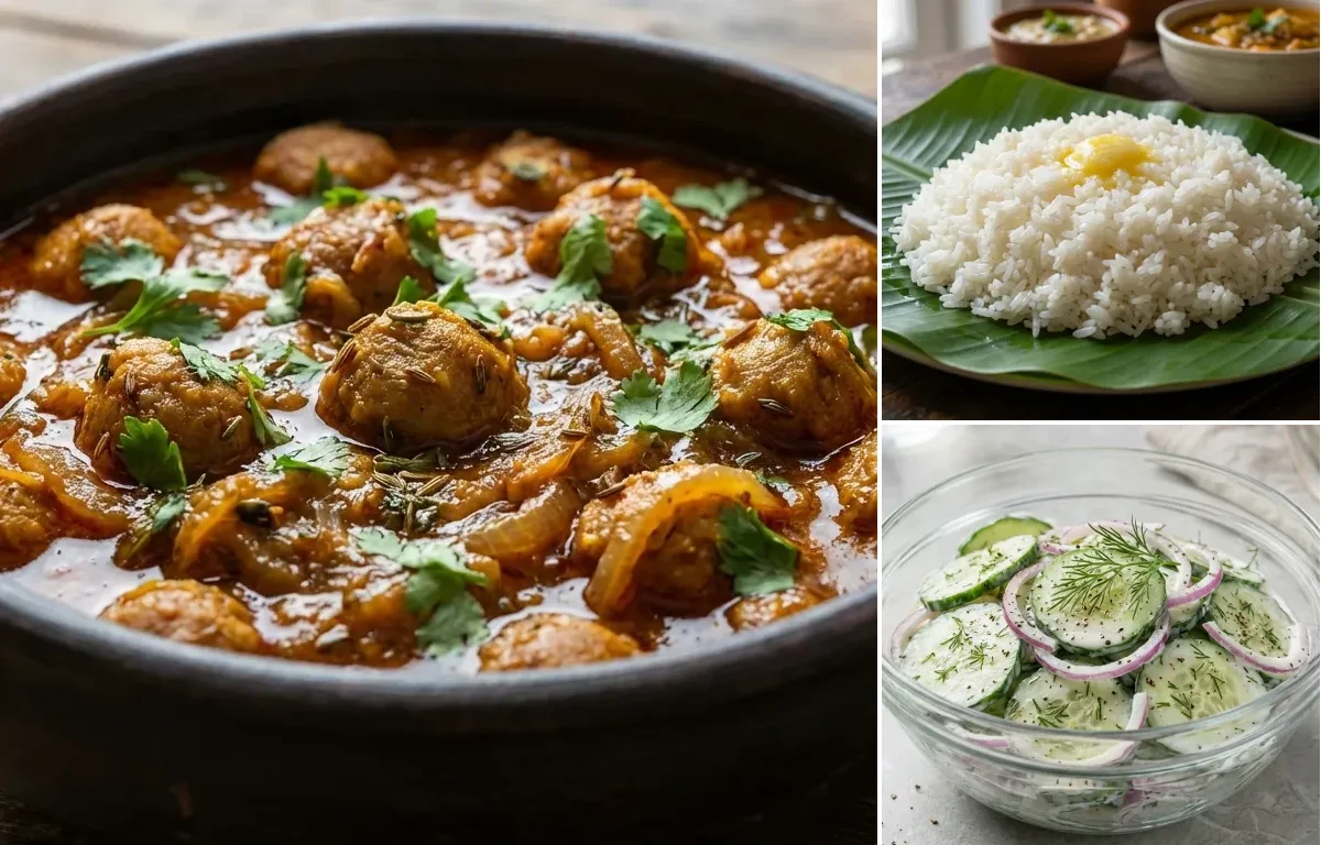 Soya Chunks Curry with Steamed Rice with Cucumber Salad