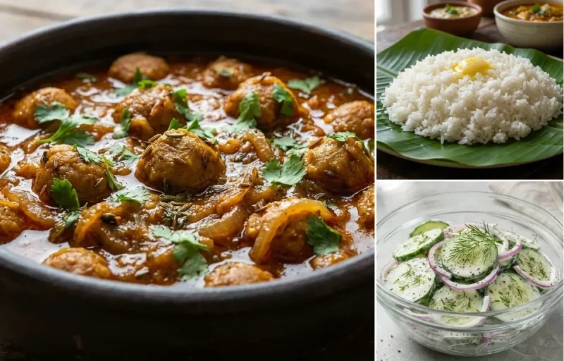 Soya Chunks Curry with Steamed Rice with Cucumber Salad