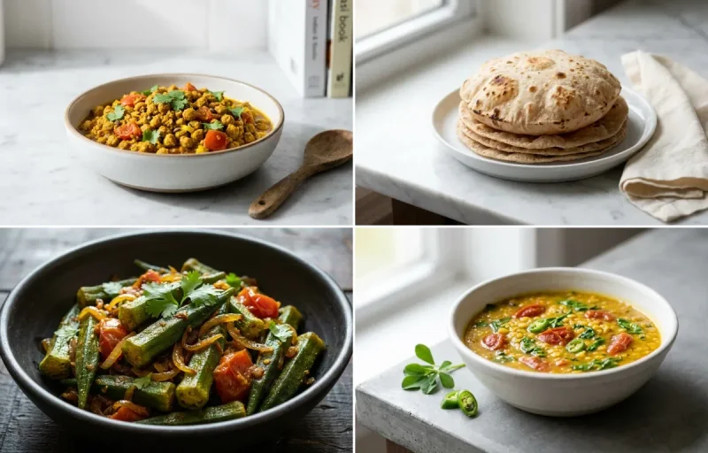 Soya Granule Curry with Whole-Wheat Phulka with Bhindi Sabzi with Methi Dal