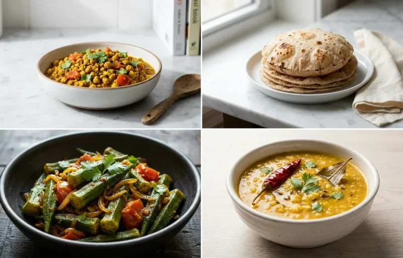 Soya Granule Curry with Whole-Wheat Phulka with Bhindi Sabzi with Moong Dal