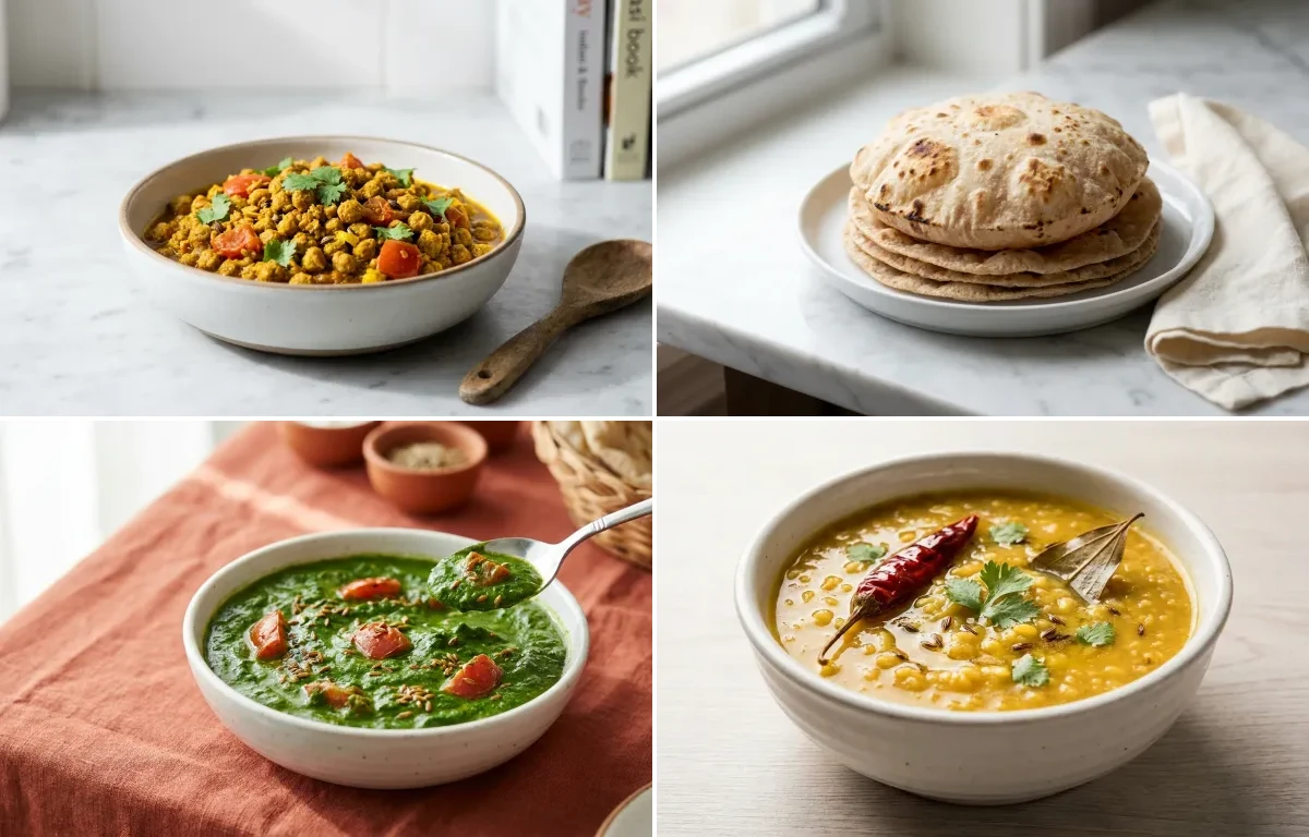 Soya Granule Curry with Whole-Wheat Phulka with Palak Sabzi with Moong Dal