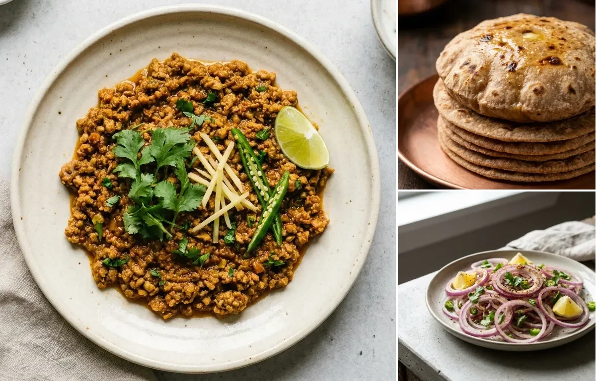 Soya Keema, Whole Wheat Roti and Lachha Onion Salad