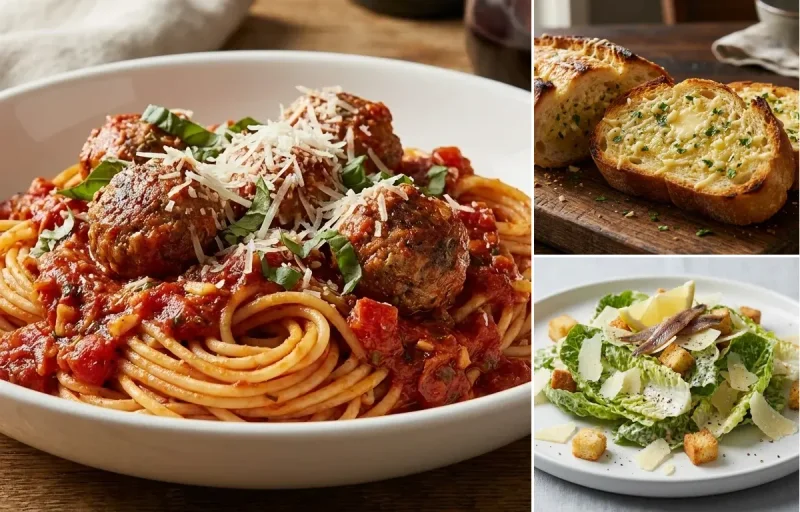 Spaghetti and Meatballs with Garlic Bread and Caesar Salad